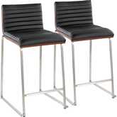 Mason Mara 26" Counter Stool in Stainless Steel, Walnut Wood & Black Leatherette (Set of 2)